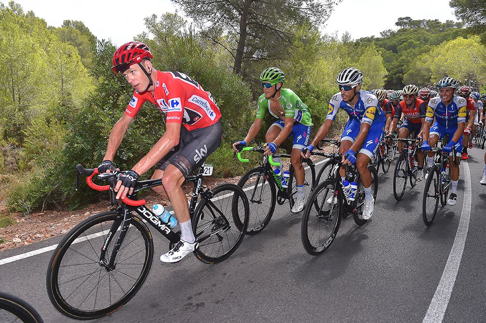 Chris Froome in red during stage 5 at the Vuelta