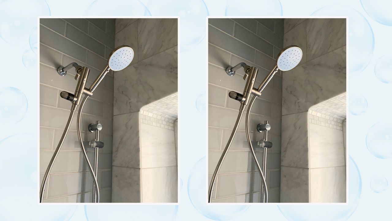 Light blue and silver shower head in bathroom