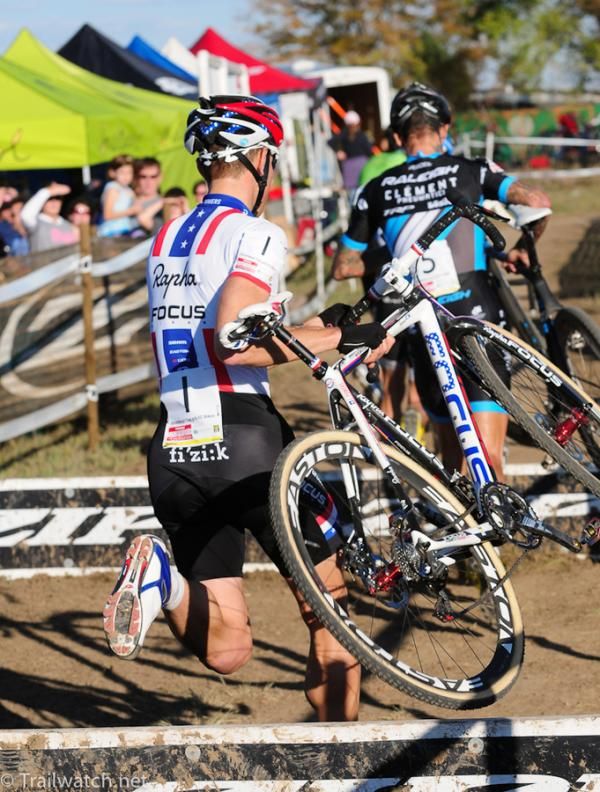 Jeremy Powers (Rapha Focus) racing third behind Trebon and Berden