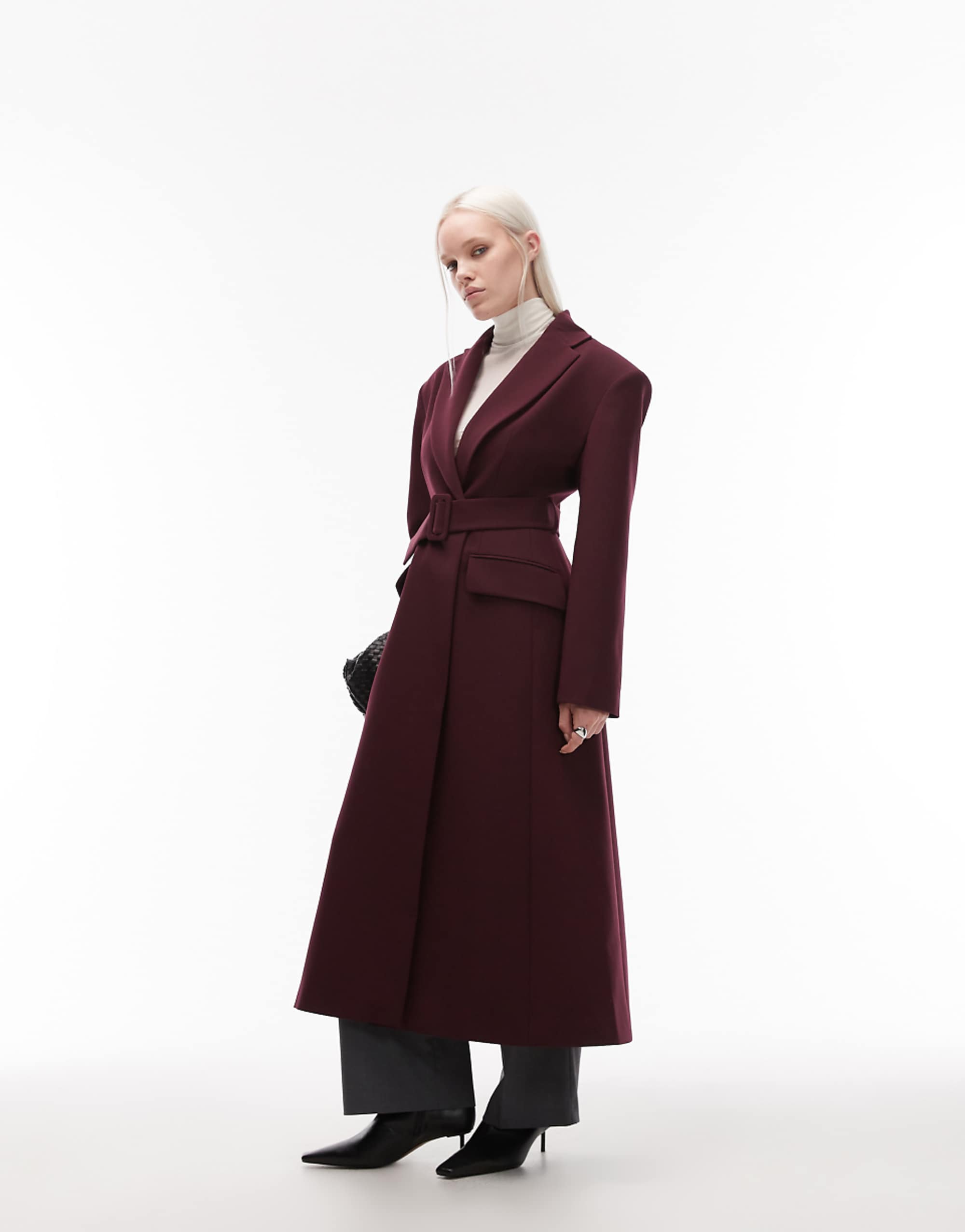 Asos Design Tailored Power Shoulder Belted Overcoat in Plum