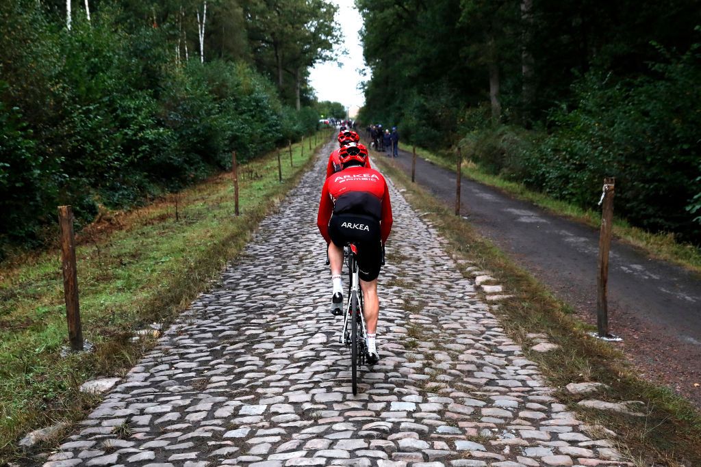 ARENBERG FRANCE SEPTEMBER 30 Team Arka Samsic rider in a cobblestones sector during the 118th Paris Roubaix 2021 Training Day 1 ParisRoubaix on September 30 2021 in Arenberg France Photo by Bas CzerwinskiGetty Images
