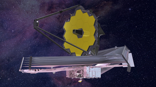 a yellow hexagonal mirror atop a layered surface in space