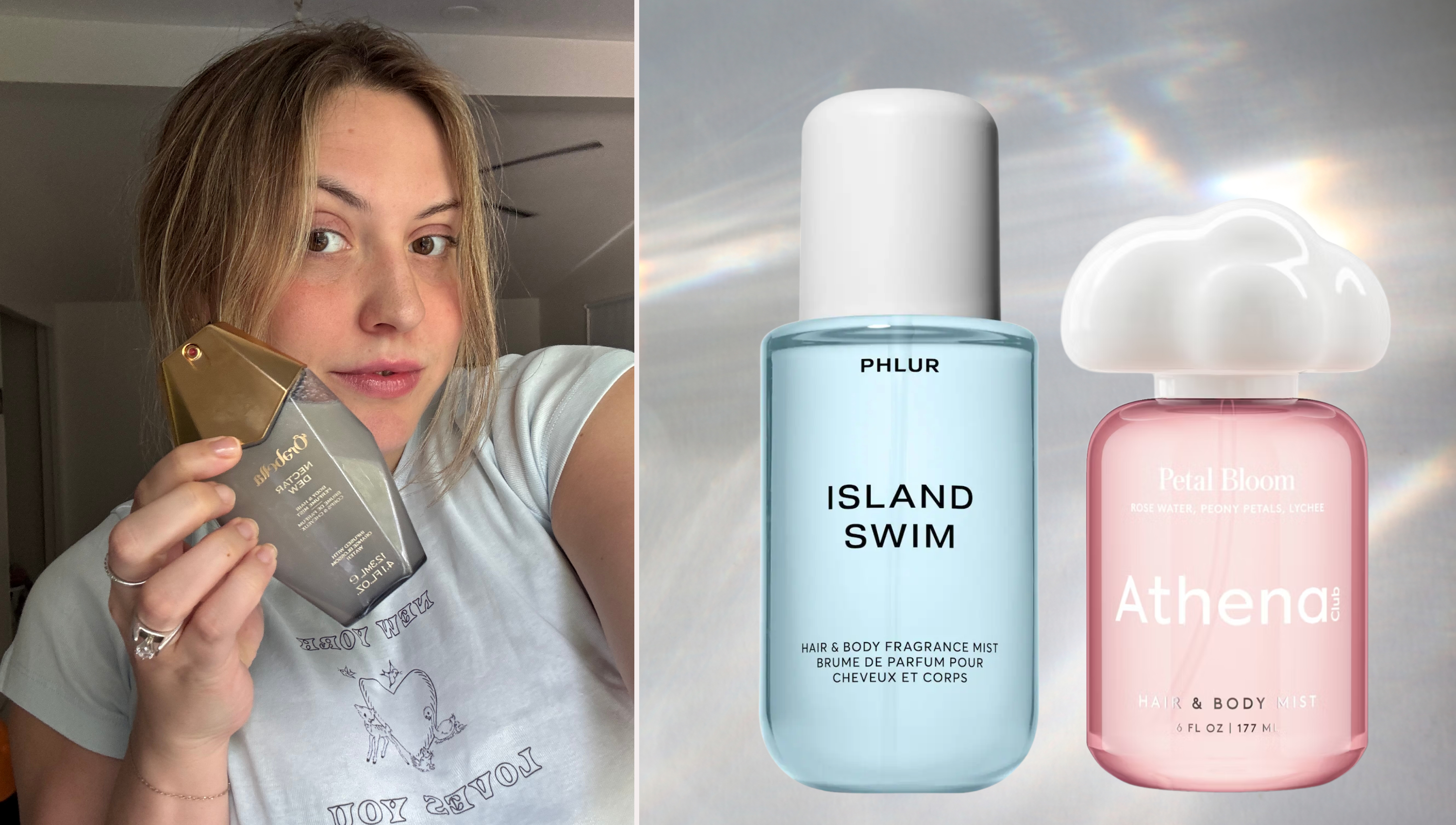 a girl in a blue shirt holding orabella body mist framed on a light effect background to the left of a blue body mist from phlur and a pink body mist from athena