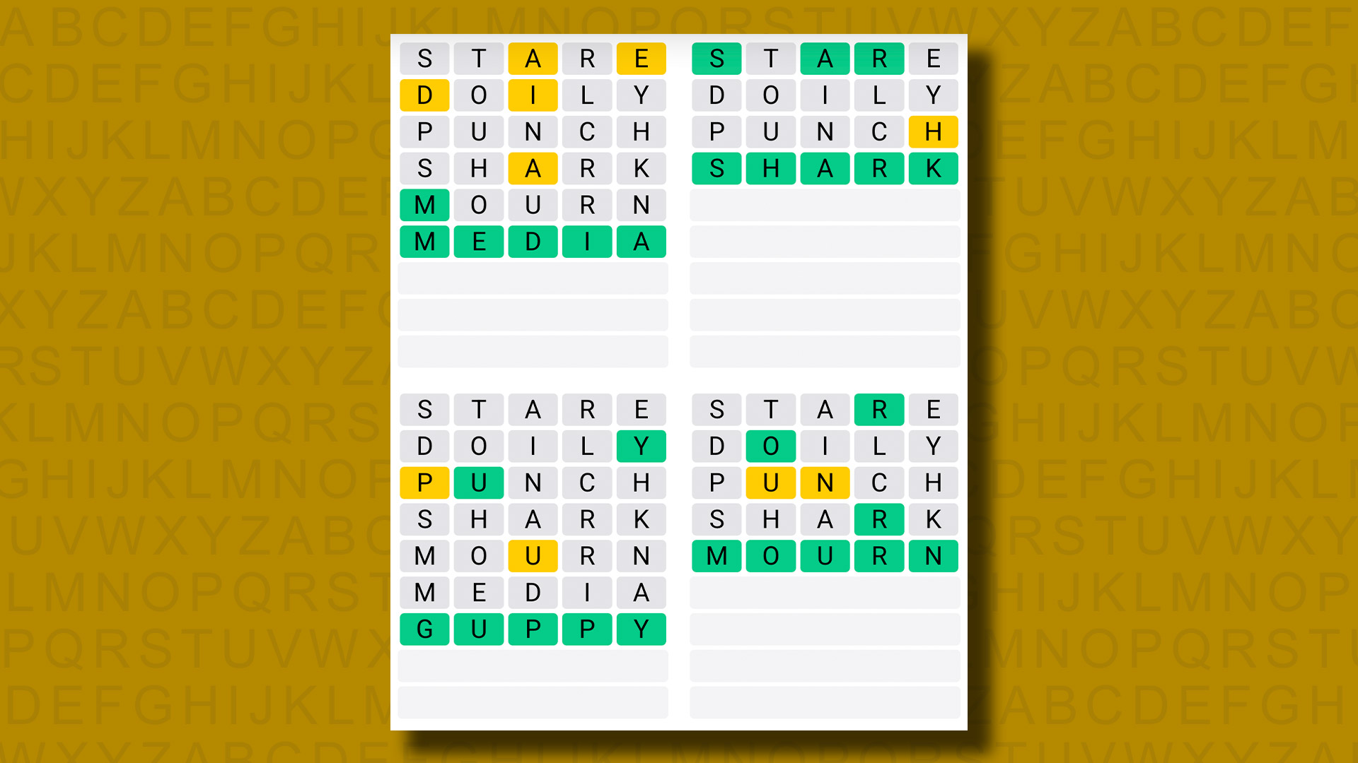 Quordle answers for game 1241 on a yellow background