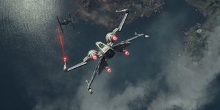 X-Wing shooting at TIE Fighter in Star Wars: The Force Awakens