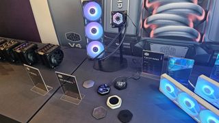 The Cooler Master 360 Atmos II AIO liquid cooler with Flex-kit attachments for the pump block at CES 2025