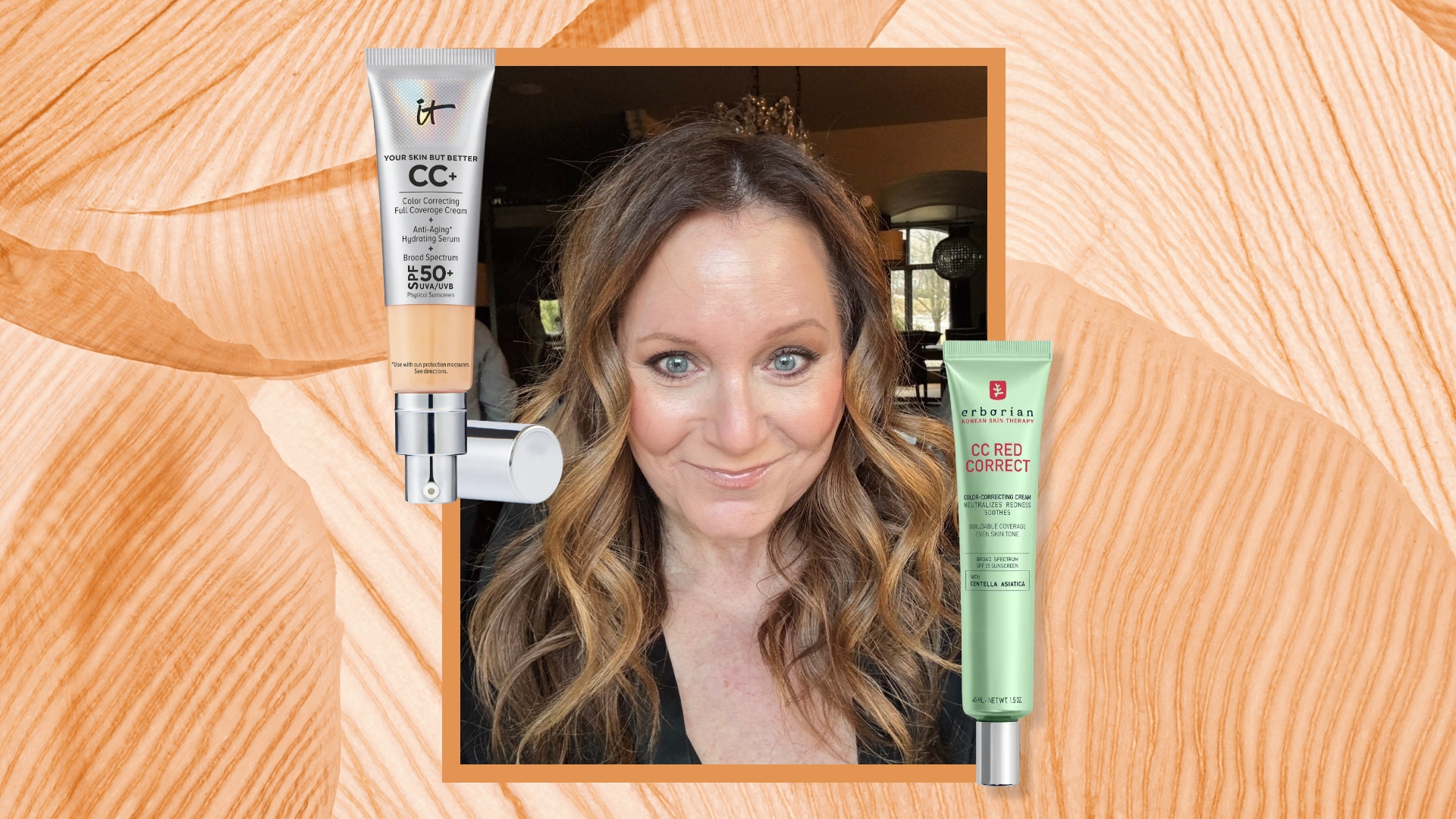 mature skin women surrounded by cc creams on an orange background