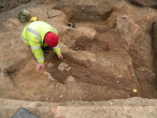 The Roman cemetery unearthed in Leicester, England, included pagan and Christian burials, Here, a Christian burial being excavated.