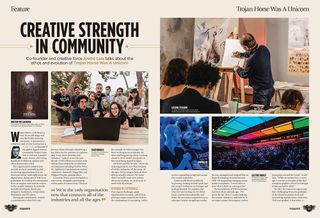 Double-page spread about the art event called Trojan Horse Was A Unicorn from ImagineFX 244 with the heading 'Creative Strength in Community', featuring photographs of people having fun and drawing.