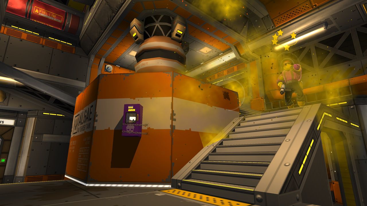 Skin Deep; an indie game, a cartoonish character ascends a staircase in a brightly lit, futuristic-looking interior, filled with vibrant yellow particles