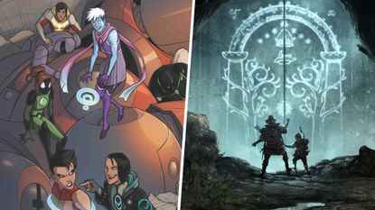 A band of superheroes atop a downed robot, beside the Door of Durin with a pair of adventurers in front of it
