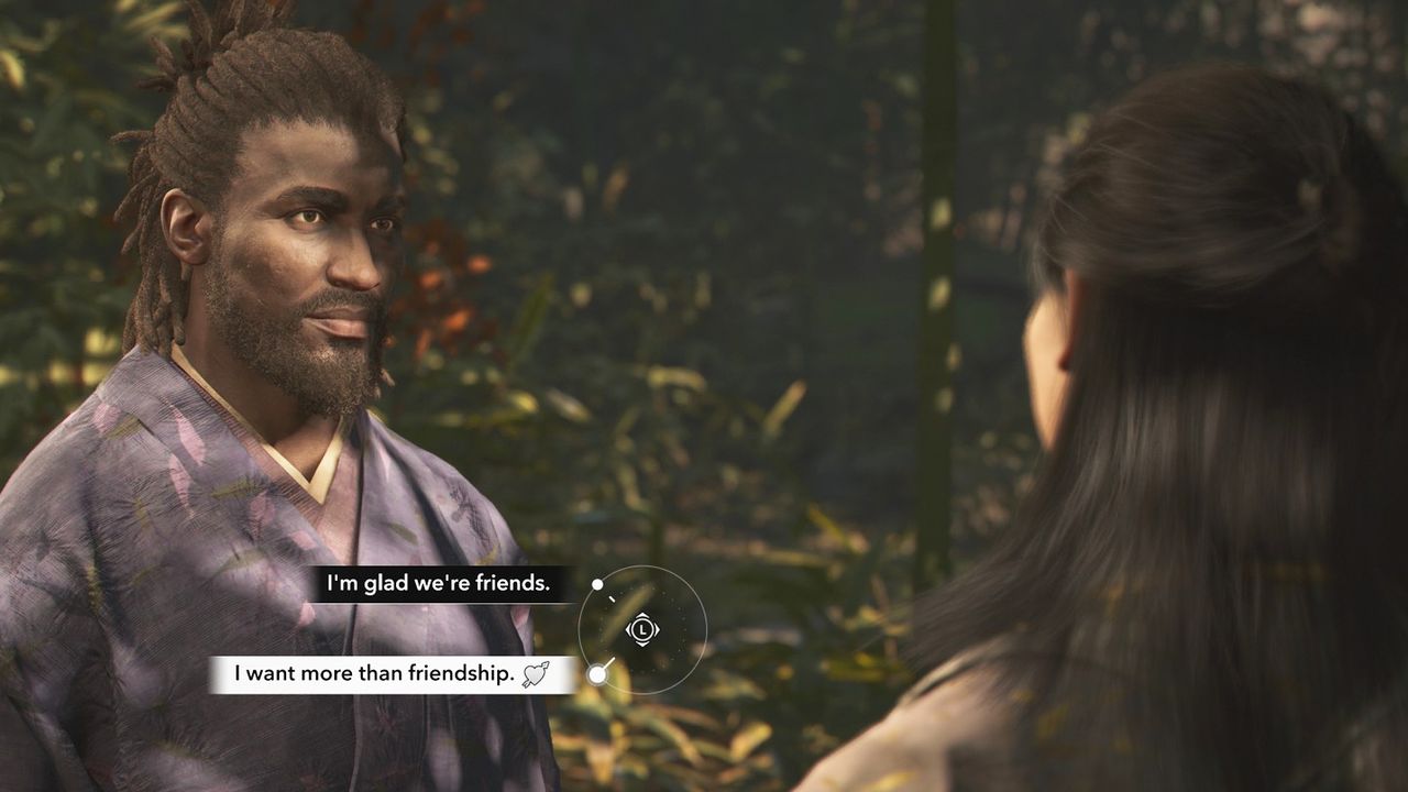 Assassin's Creed Shadows romance options - Yasuke about to ask Ibuki to be more than friends.