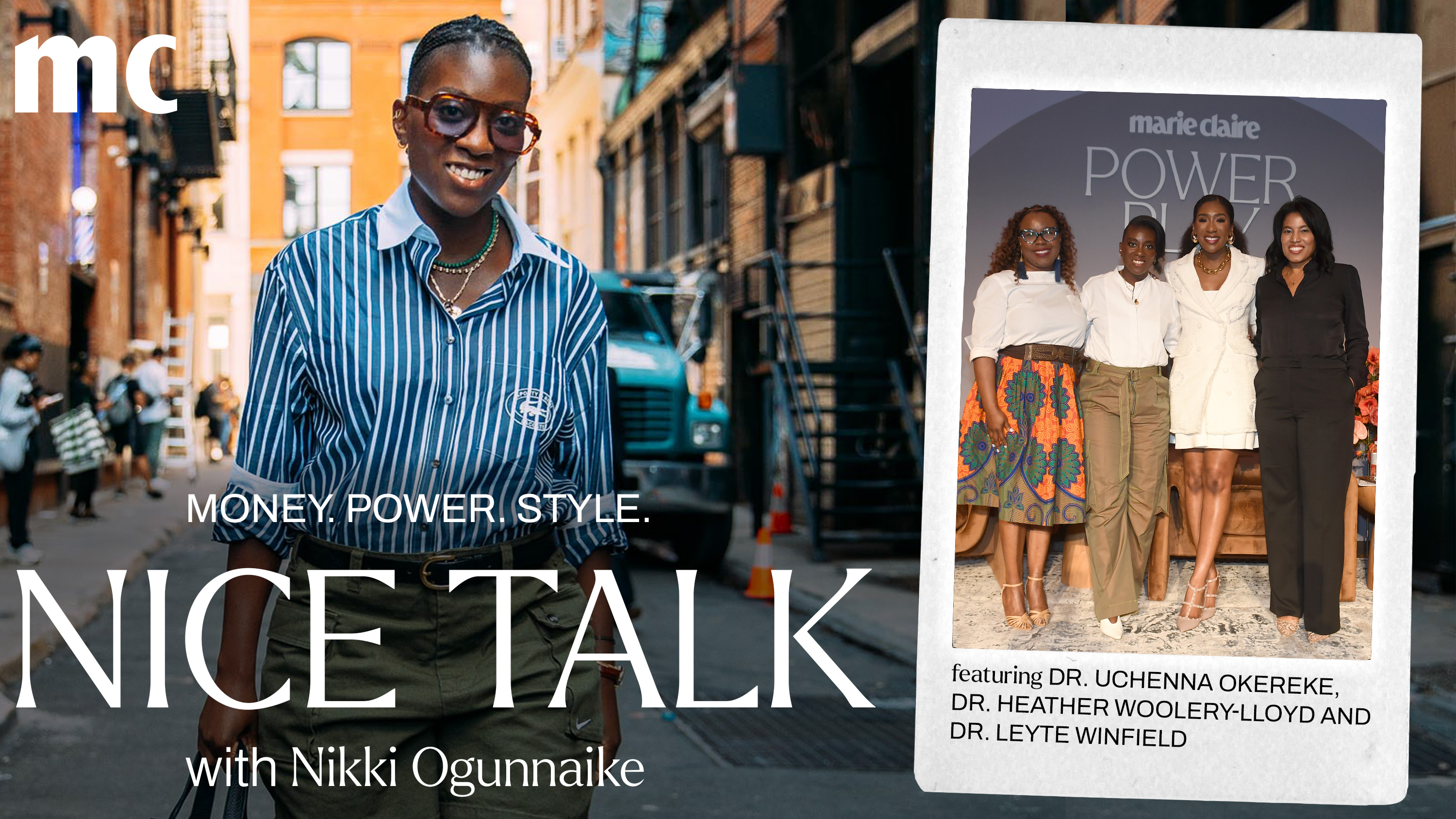 the nice talk podcast art featuring host nikki ogunnaike and a photo of a panel of guests on a marie claire power play