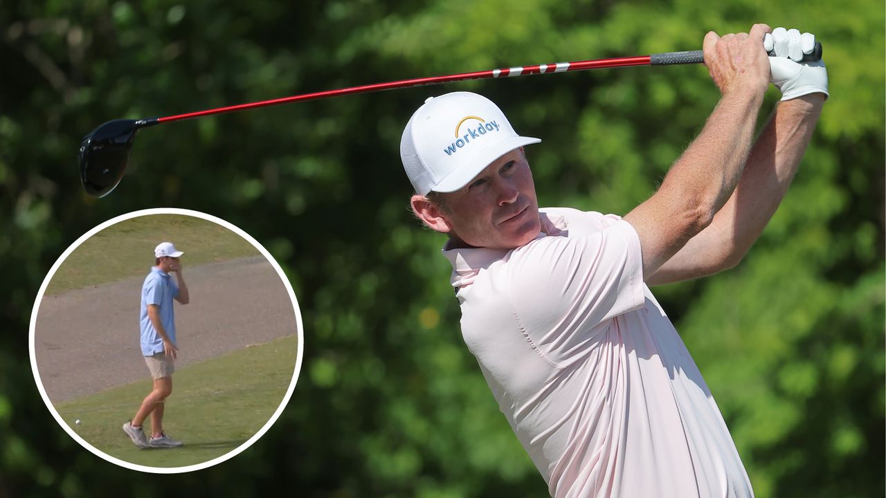 Main image of Brandt Snedeker hitting driver at Zurich Classic of New Orleans - inset screenshot of fan with hand over his mouth