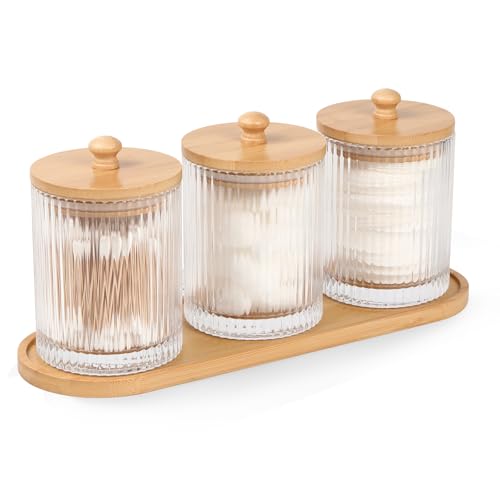 Eggs Sound 3 Pack Qtip Holder - Bathroom Organizers and Storage, Cotton Round Holder Floss Pick Cotton Ball Holder Swab Dispenser Set With Tray, Glass Apothecary Jars With Lids, -Sw Clear Y