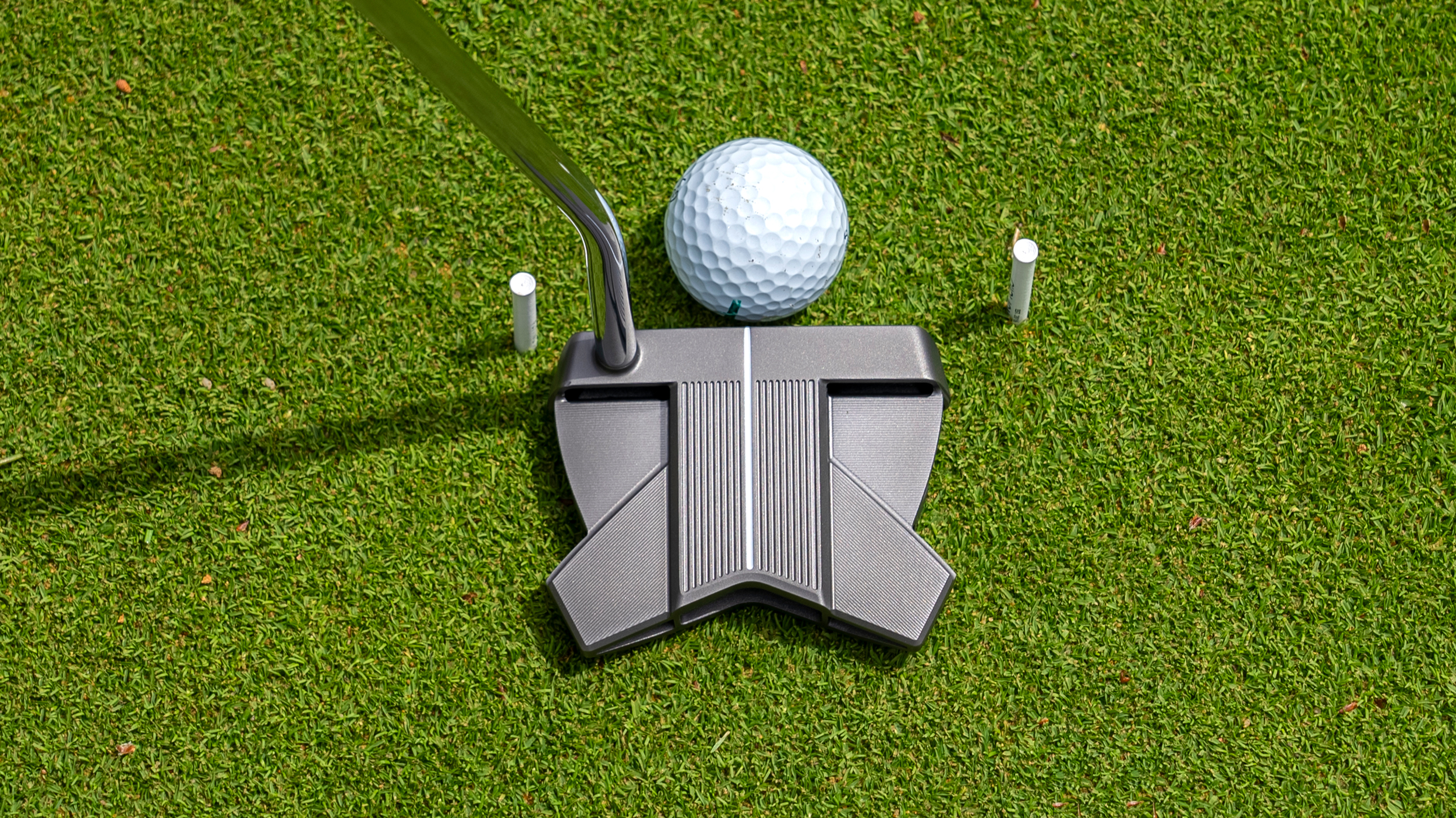 cobra putter and ball between two tees