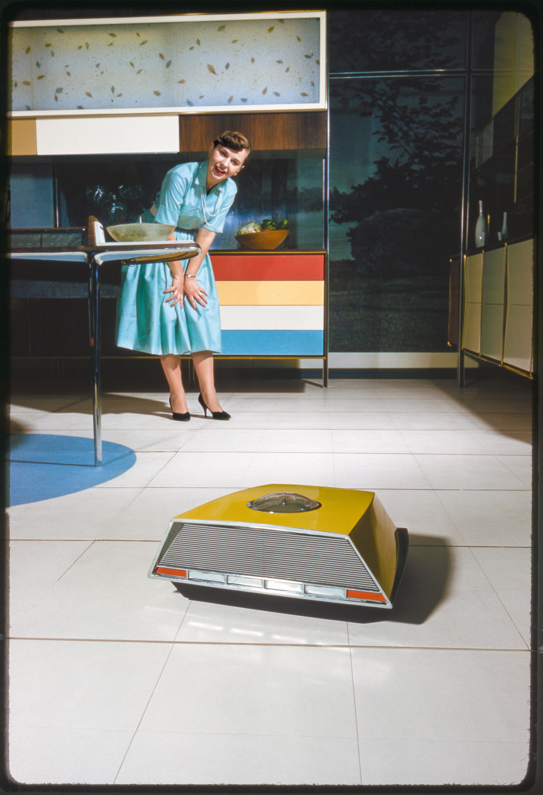 Bob Lerner, Anne Anderson in RCA Whirlpool Miracle Kitchen, 1959, kitchen designed 1956_ photo 1959_ printed 2026