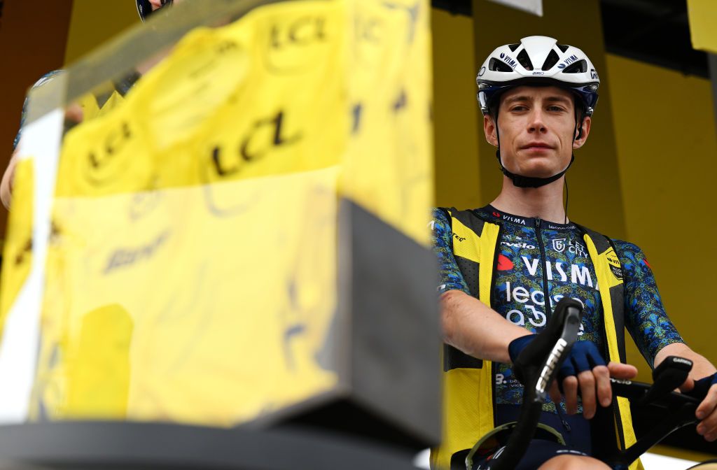 PIACENZA ITALY JULY 01 Jonas Vingegaard Hansen of Denmark and Team Visma Lease a Bike prior to the 111th Tour de France 2024 Stage 3 a 2308km stage from Piacenza to Torino UCIWT on July 01 2024 in Piacenza Italy Photo by Tim de WaeleGetty Images