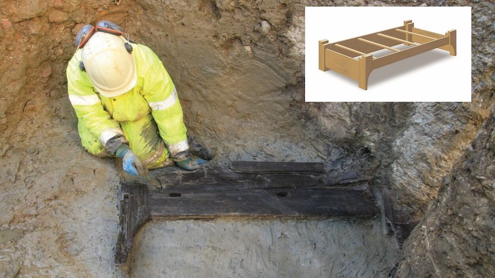 An excavation site containing a Roman bed burial 