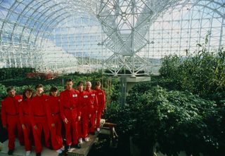 Biospherians (left to right): Bernd Zabel, Linda Leigh, Taber MacMullen, Abigail Alling, Mark Van Thillo, Sally Silverstone, Roy Walford, and Jane Poynterposing inside Biosphere 2 in 1990.