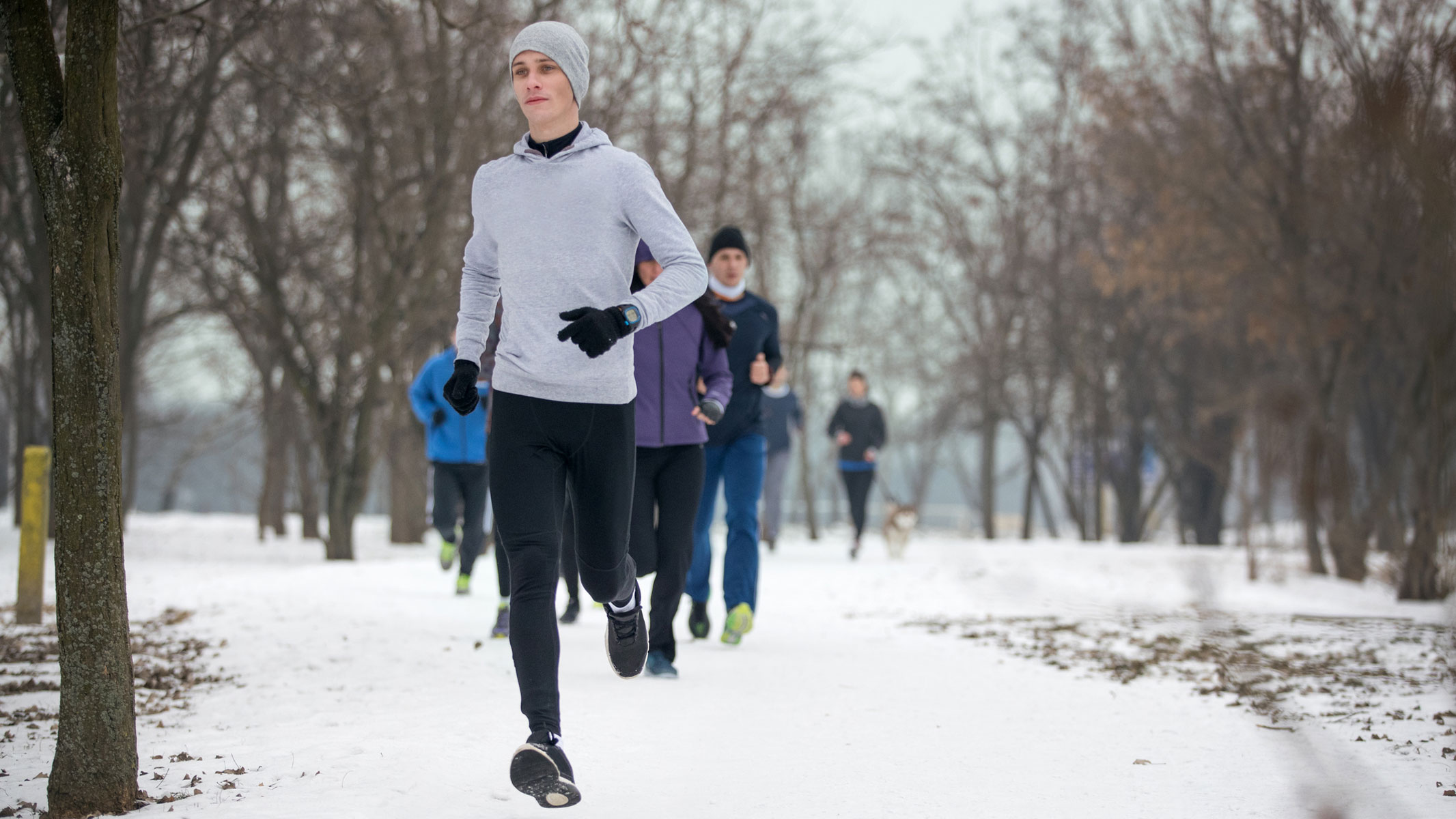 A picture of runners jogging in a park during winter