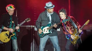 (L-R) Keith Richards, Daryl Jones and Ronnie Wood of The Rolling Stones perform live on stage at U Arena on October 19, 2017 in Nanterre, France