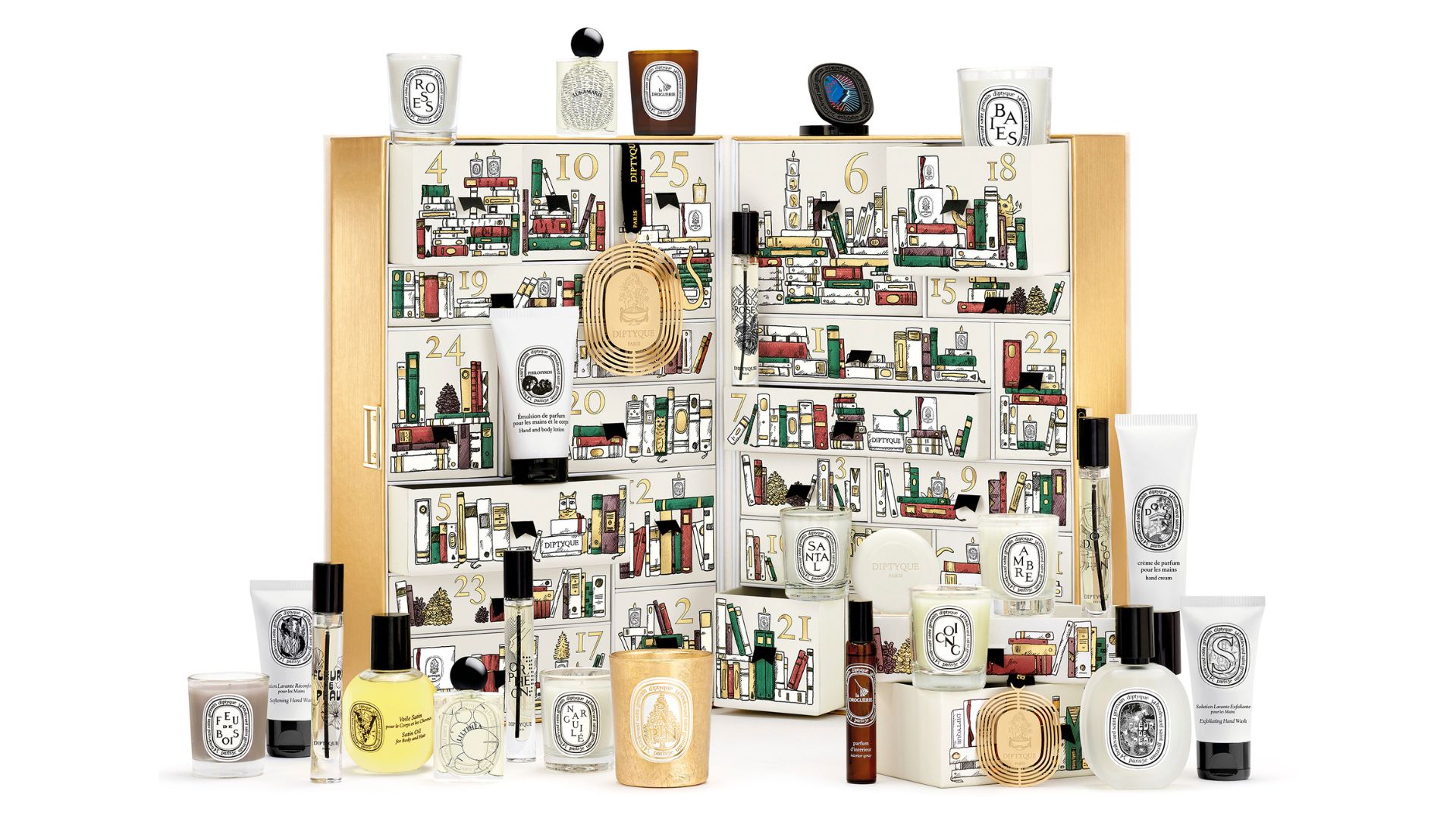 Diptyque advent calendar open showing all the contents
