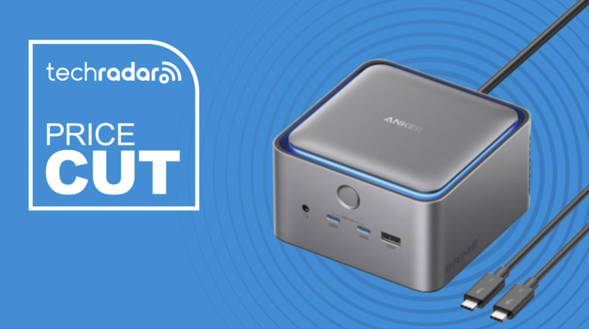 Anker Prime Thunderbolt 5 docking station on a blue background next to a TechRadar badge reading 'Price Cut'