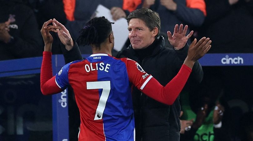 Michael Olise celebrates with Crystal Palace manager Oliver Glasner after scoring his side&#039;s fourth goal against Manchester United in May 2024.