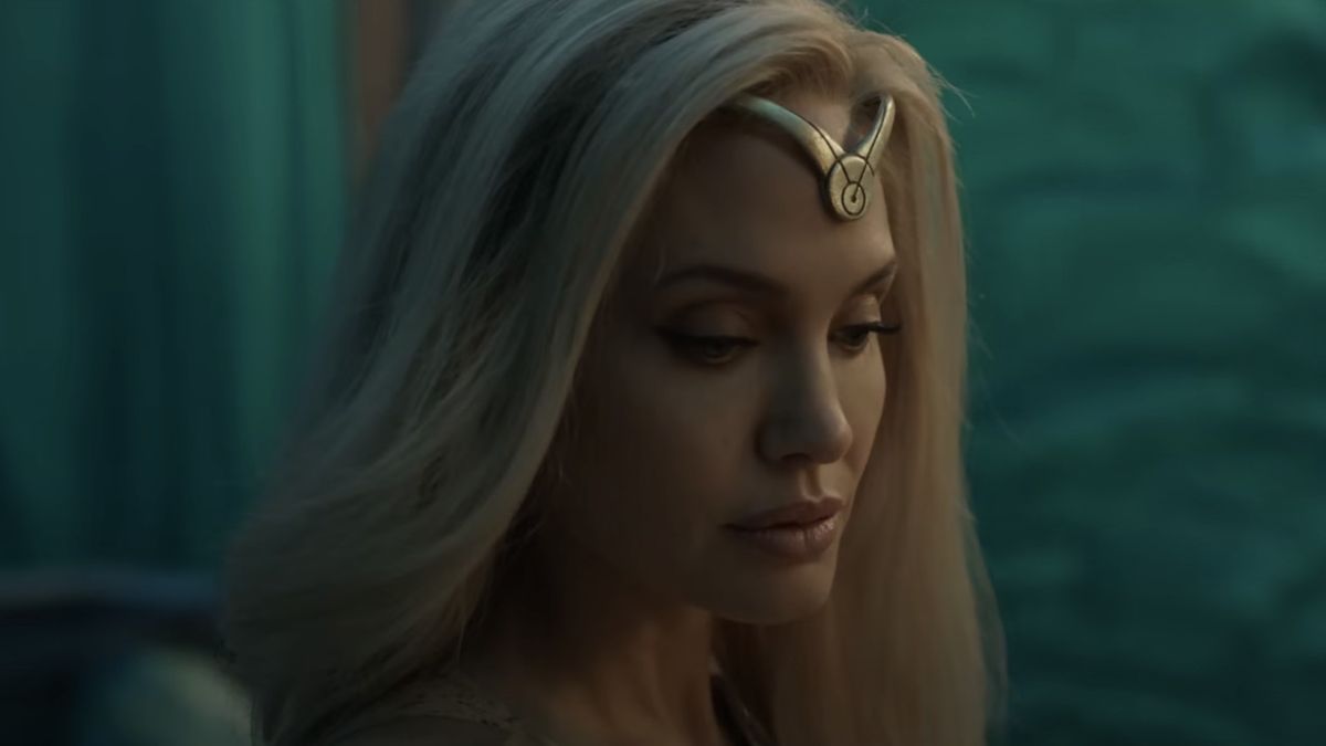 Thena (Angelina Jolie) looks down in Eternals