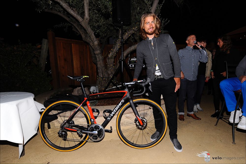 Peter Sagan stands with the Specialized bike he'll use next year with Bora-Hansgrohe