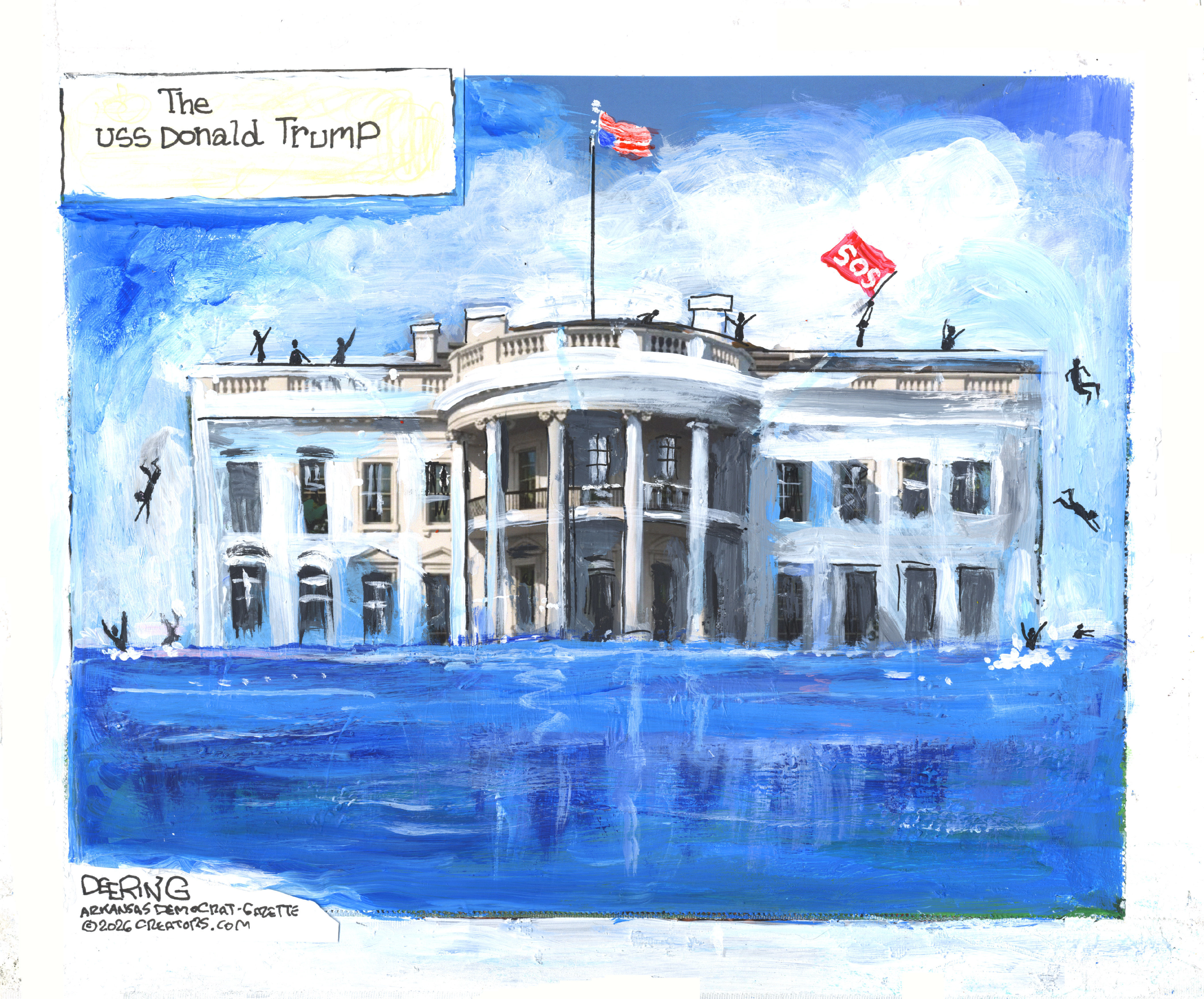 This cartoon is titled &amp;ldquo;The USS Donald Trump&amp;rdquo; and depicts the White House at sea. It&amp;rsquo;s sinking and people are jumping off the roof to escape. Someone holds an &amp;ldquo;SOS&amp;rdquo; flag and the American flag is upside down.