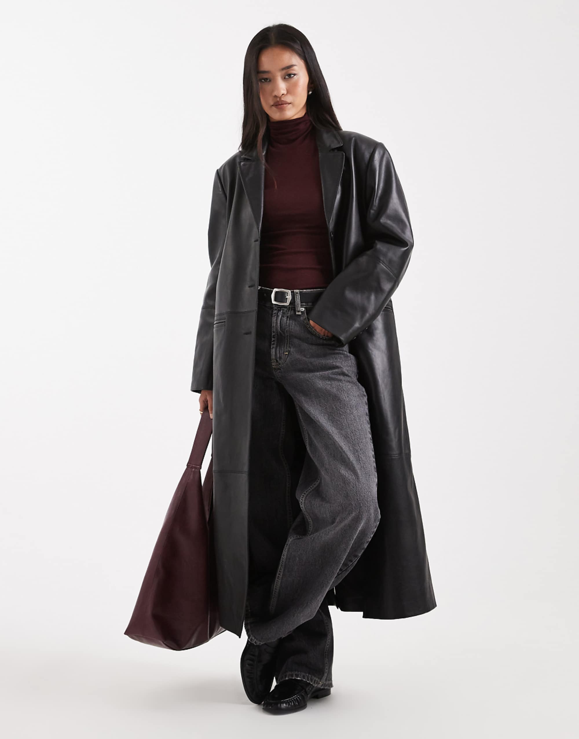 Asos Design Longline Real Leather Dad Coat in Black