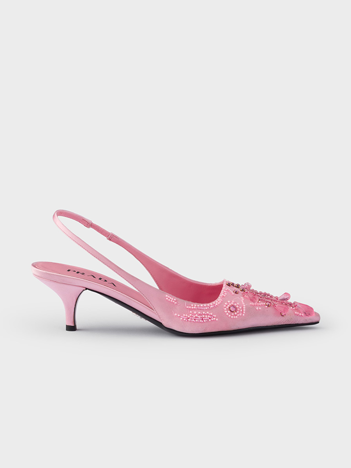 PRADA, Embroidered Satin Slingback Pumps