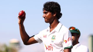 Hasan Mahmud of Bangladesh celebrates after taking six wickets for the innings during day one of the First Test Match in the series between Australia and Bangladesh