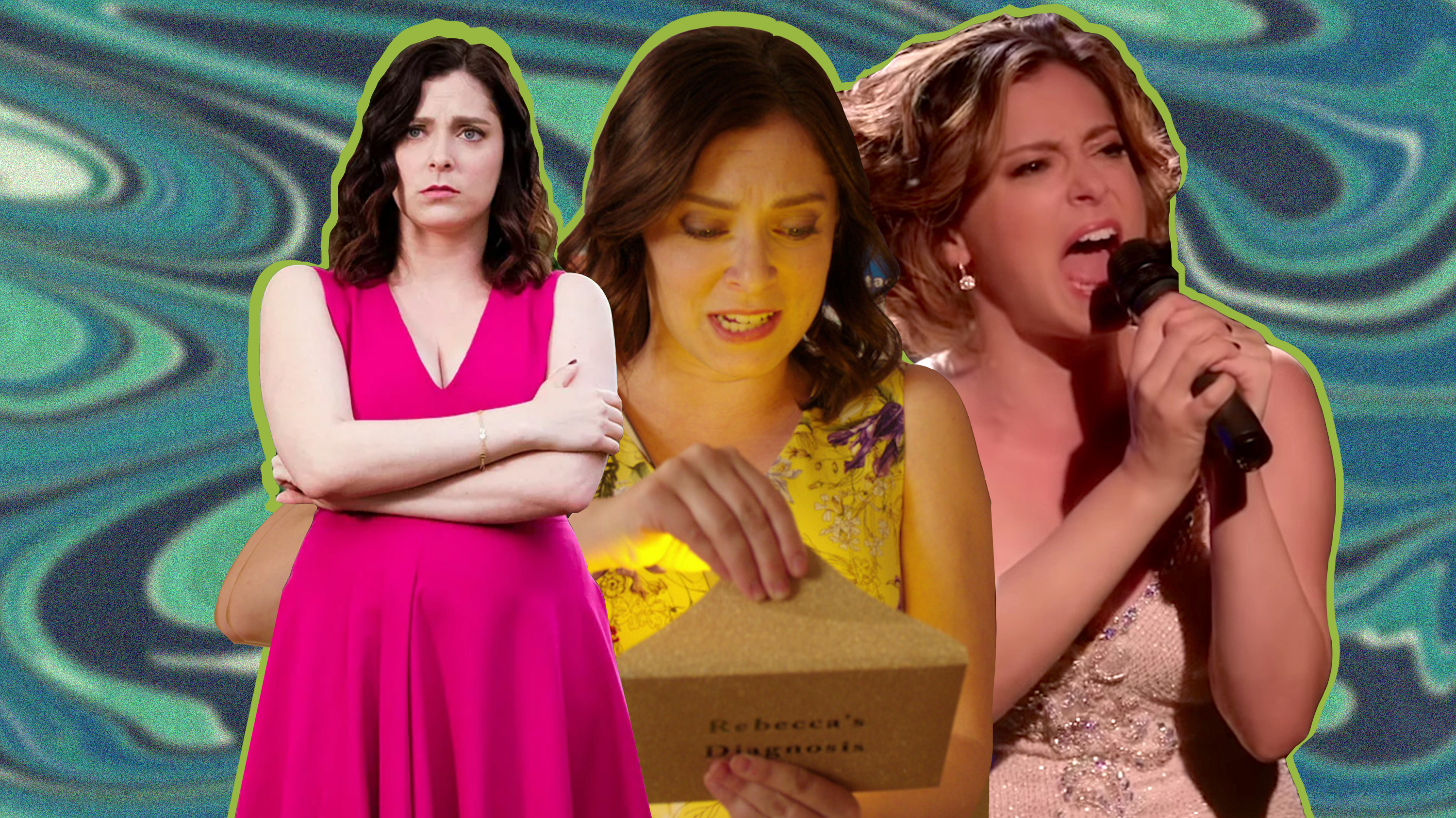 A collage of three images of Rachel Bloom as Rebecca Bunch, in &#039;Crazy Ex-Girlfriend.&#039;