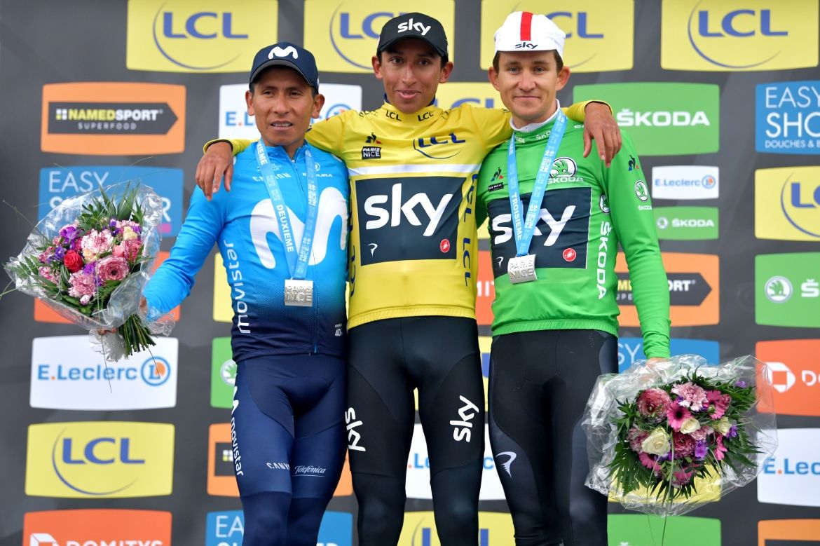 The final Paris-Nice podium (L-R) Nairo Quintana, Egan Bernal, Michal Kwiatkowski