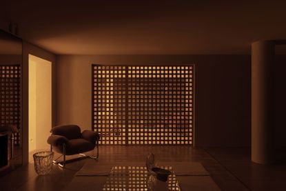 a residence in Australia, created from a midcentury house and a 1990s apartment building - seen here moody interior with a screen