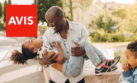 Avis logo placed over an image of a family laughing