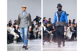 Left: man wearing a suit jacket made up of different patterns. Right: man wearing a suit jacket with bright blue padded sections