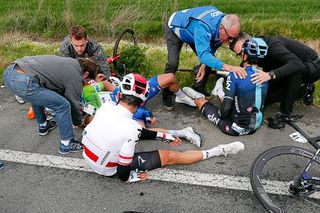Jonathan Castroviejo (Team Sky), Michal Kwiatkowski (Team Sky) and Julian Alaphilippe (Deceuninck-QuickStep) on the deck after crashing at Tour of the Basque Country