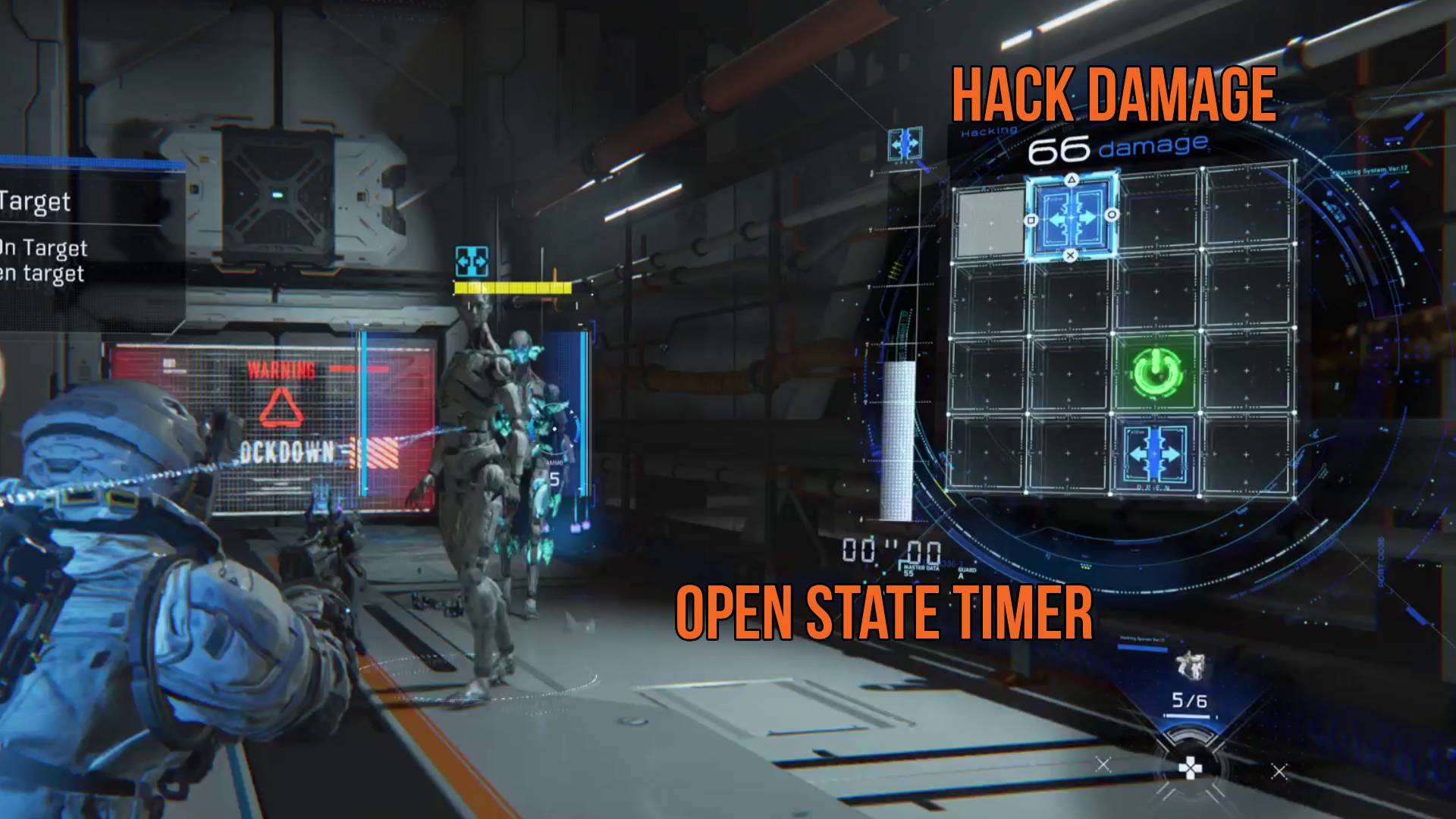 Pragmata hacking matrix with annotated hack damage and open timer