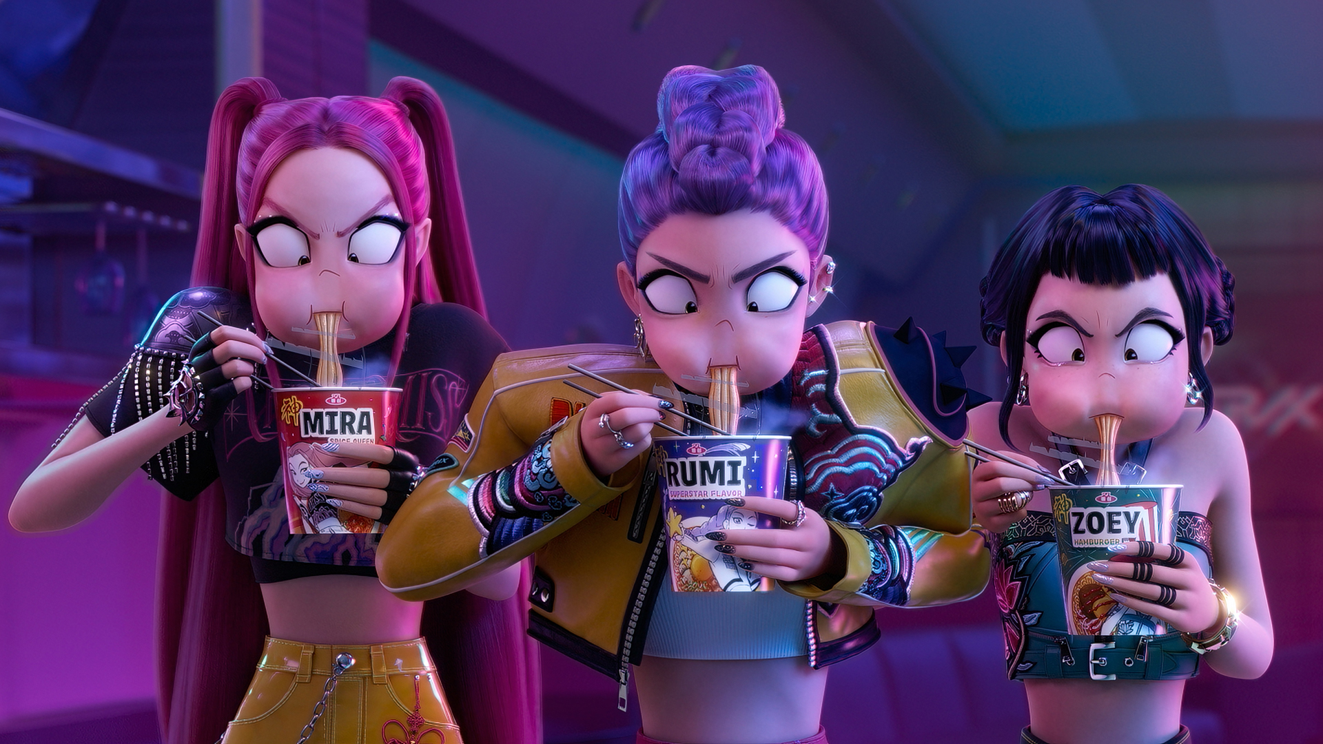 Mora, Rumi, and Zoey enthusiastically eating noodles out of a pot in Kpop Demon Hunters