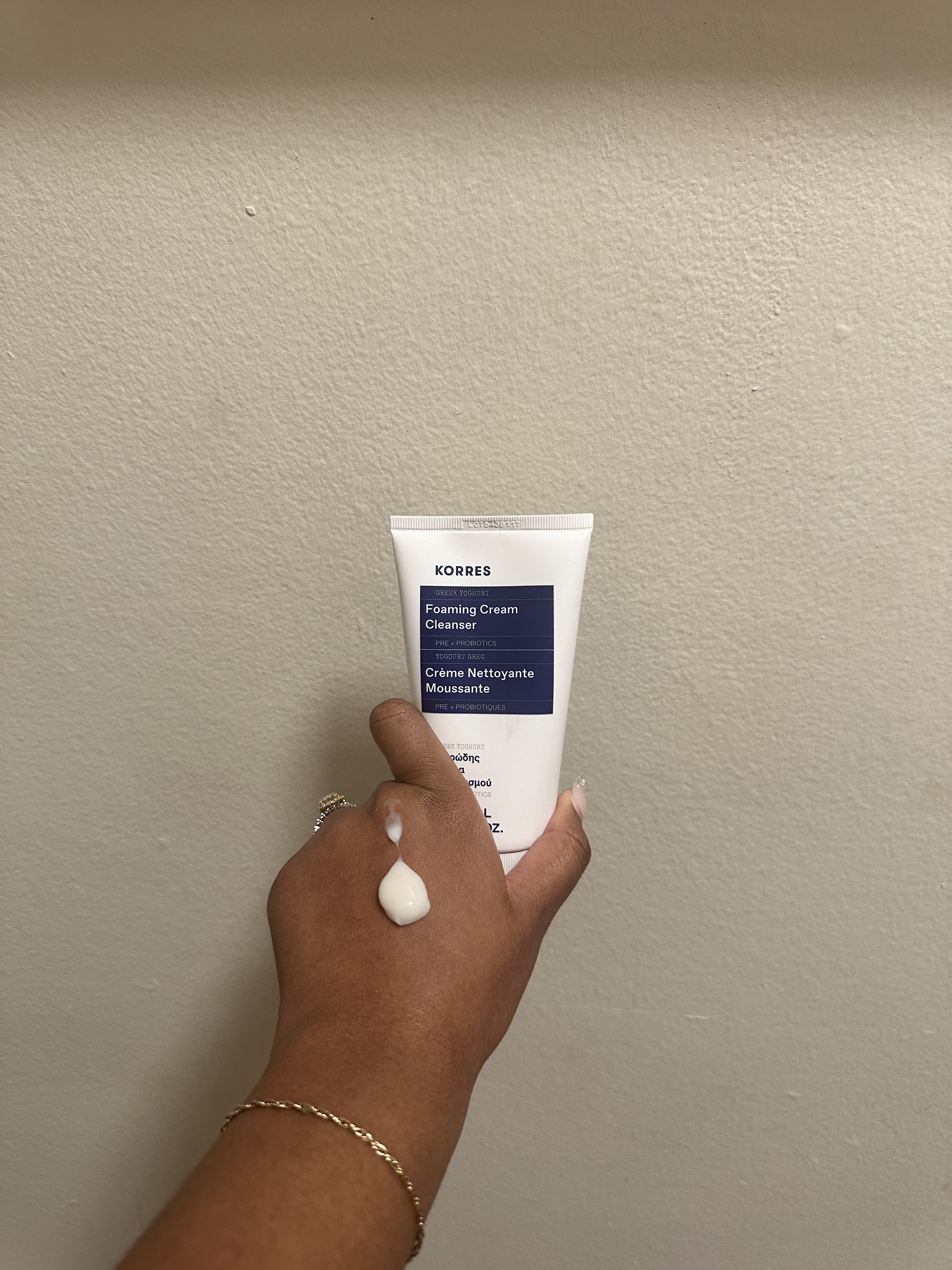 Ariel Baker testing Korres Greek Yoghurt Foaming Cream Cleanser.