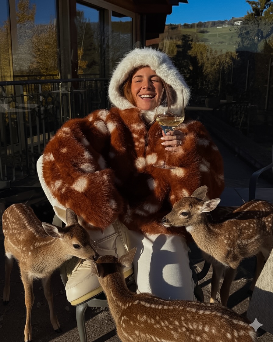 An image of an influencer wearing a hooded deer print coat with white trousers and snow boots surrounded by fawns