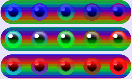 An optical illusion that shows multiple eyes that appear to be different colours on striped background