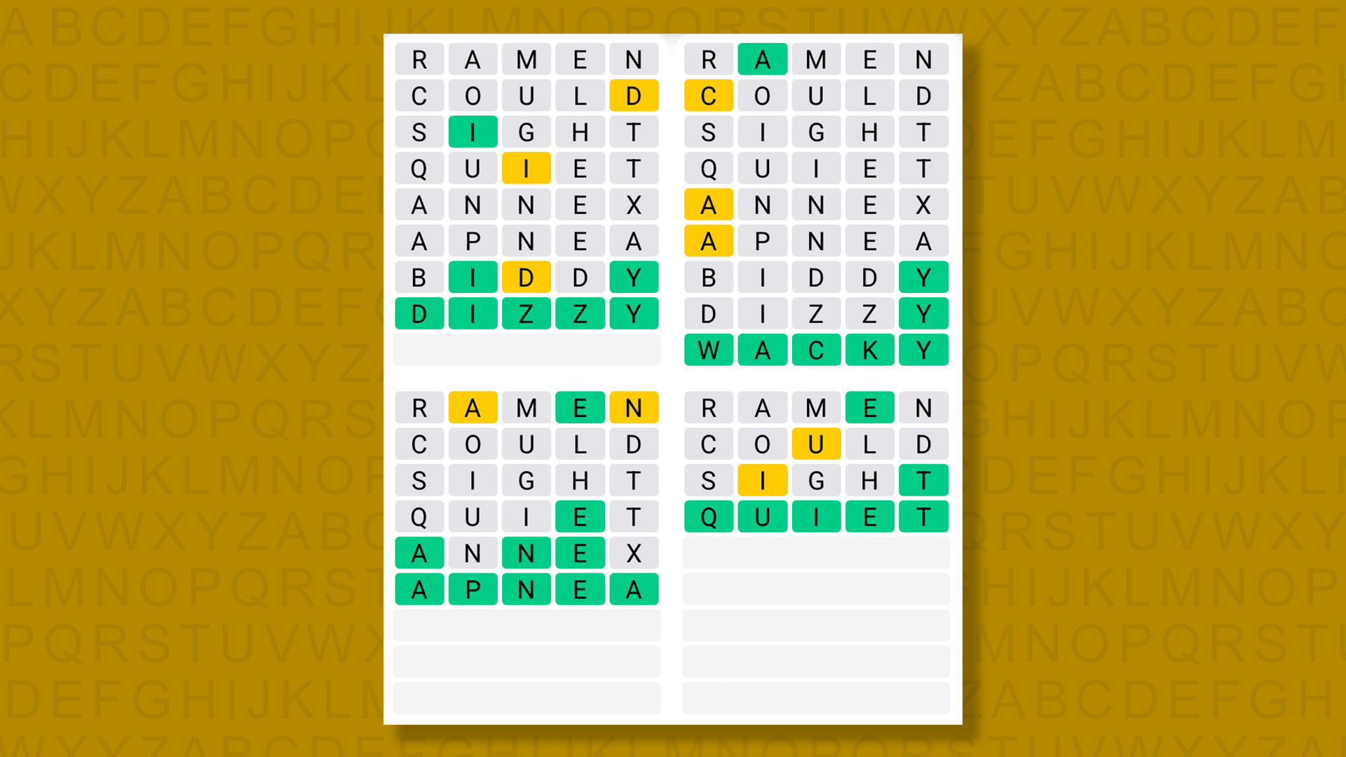 Quordle answers for game 1347 on a yellow background