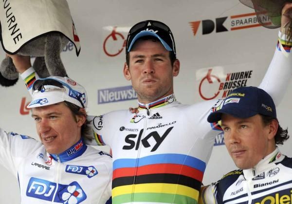 Mark Cavendish (Sky) pouts on the podium.