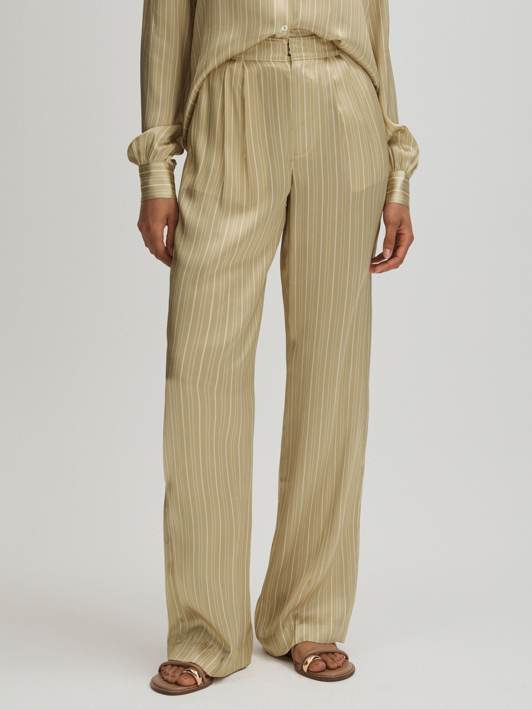 Garrett Olive Paige Silk Striped Wide Leg Trousers