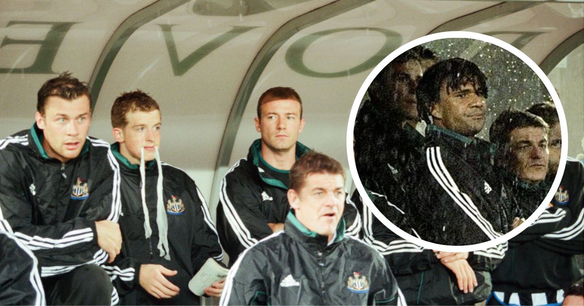 Newcastle 1-2 Sunderland, Premier league match at St James Park, Wednesday 25th August 1999. Alan Shearer & Duncan Ferguson. Watching match from bench with an inset picture of Ruud Gullit in the rain